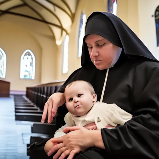 Prompt: a nun sitting in church holding a demonic baby on her lap