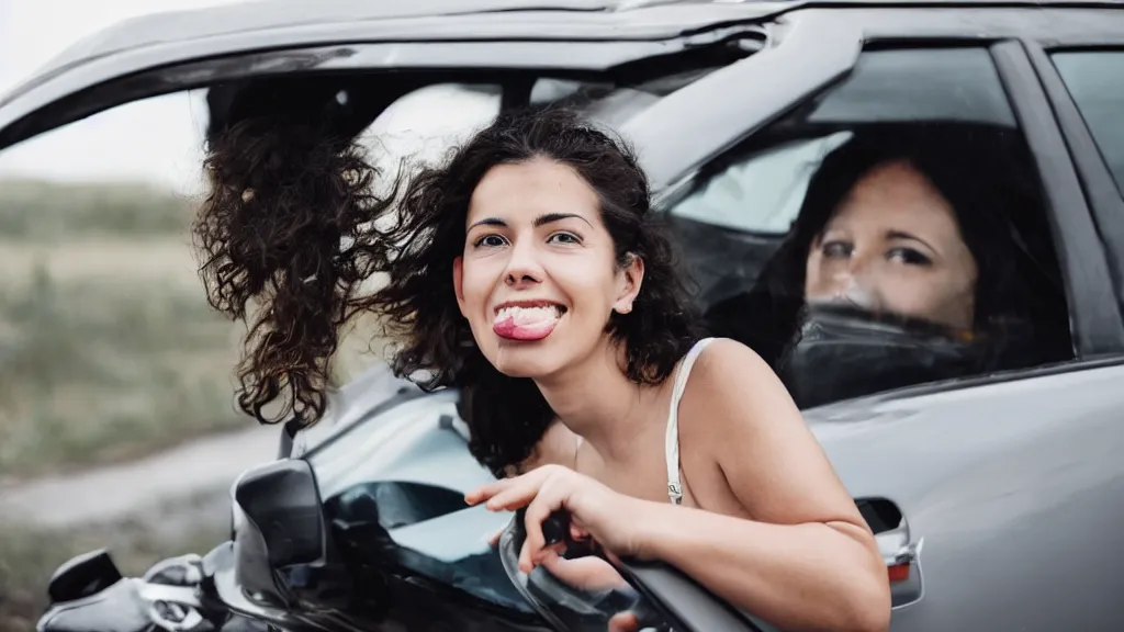 Prompt: woman eating a car
