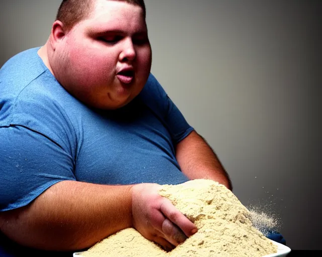 Image similar to Obese man with an afro eating as much flour and oil humanly possible, he weighs 900000000 pounds and is drinking oil from a pitcher