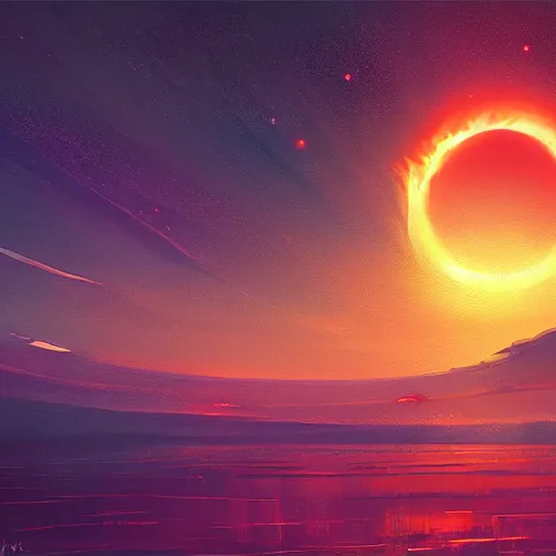 Prompt: a black hole as the sunset of the universe, by anato finnstark, by alena aenami, by john harris, by ross tran, by wlop, by andreas rocha
