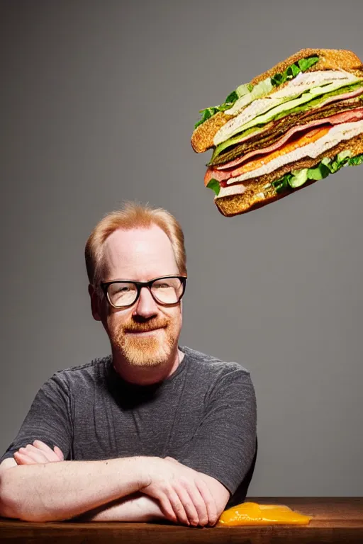 Image similar to 📷 portrait of adam savage the sandwich, made of food, still image, dynamic lighting, 4 k