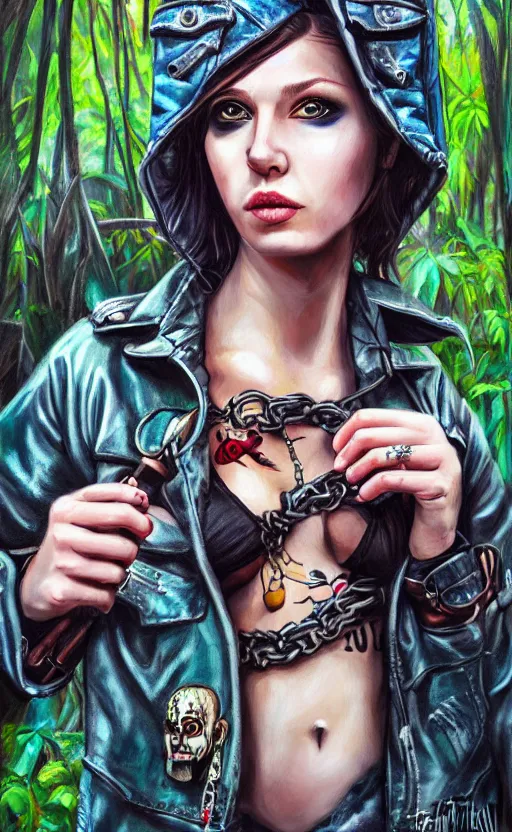 Prompt: cute punk rock girl making selfie in jungles, mad max jacket, renaissance, cables on her body, hyper realistic style, oil painting, fantasy by Olga Fedorova