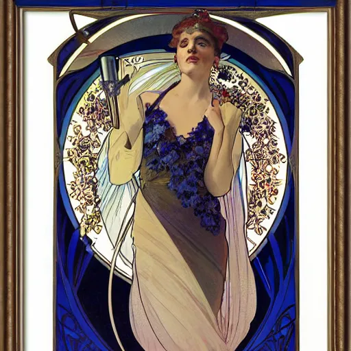 Image similar to art nouveau painting by Alphonse Mucha of a beautiful female scientist in 1920s dress holding a sparkling round bottomed flask of blue liquid up to the light. The woman is framed with flowers. Soft, muted colors.