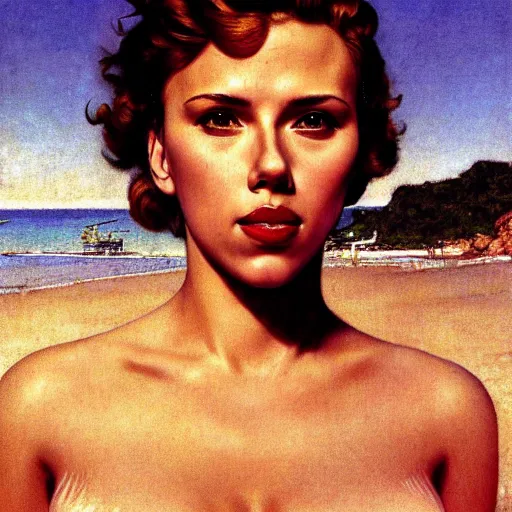 Image similar to Portrait still photograph of Scarlett Johansson wearing a swimsuit at the beach by Norman Rockwell, detailed, textured, golden hour, beach setting, medium shot, mid-shot, trending on Artstation