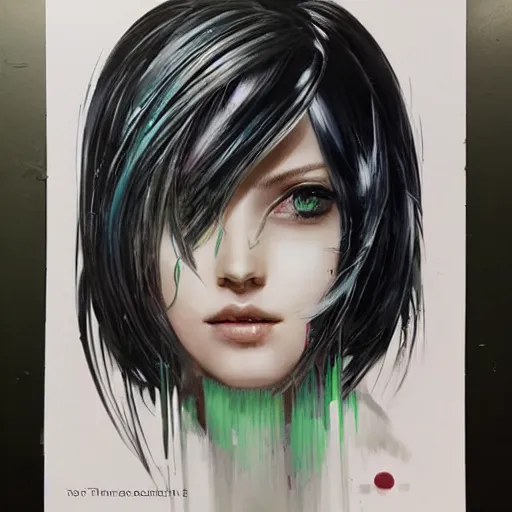 Image similar to portrait of female android by Tetsuya Nomura and Sandra Chevrier