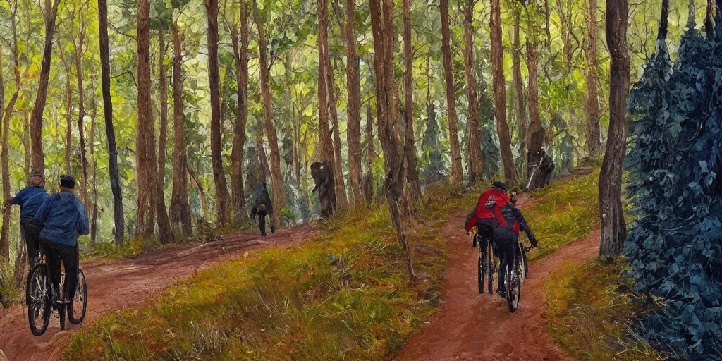 Image similar to Exactly two men biking alone up a steep forest hill. One with a deep dark blue sweater and the other with a wine red sweater. sweaty. Oil painting. Emotional. Trending on artstation. Steep. Nordic Trees. Rustic. Artistic.