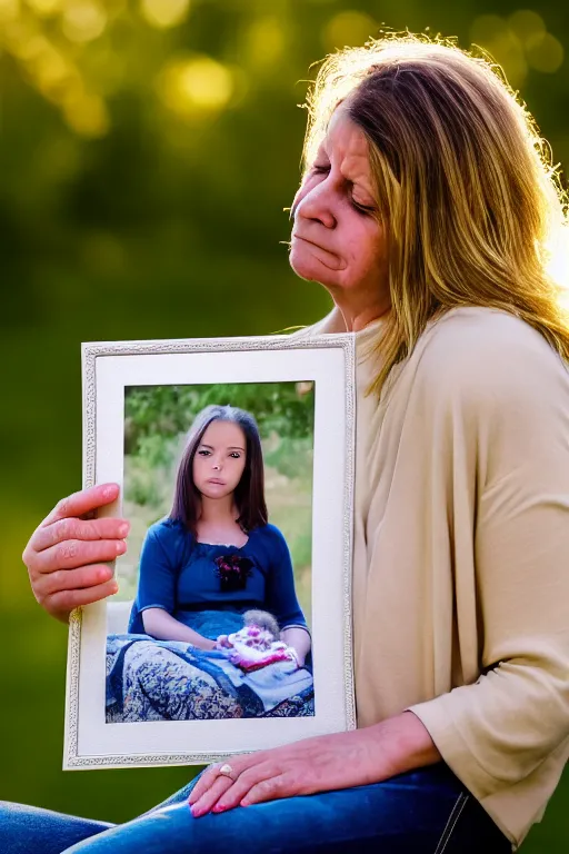 Image similar to a picture that tells of a mother holding a photo of her dead daughter - taken with canon eos 5 d mark iv, versatile, lens interoperability, autofocus, 4 k uhd video capture at 3 0 fps, 8 k time - lapse functions, by karah mew