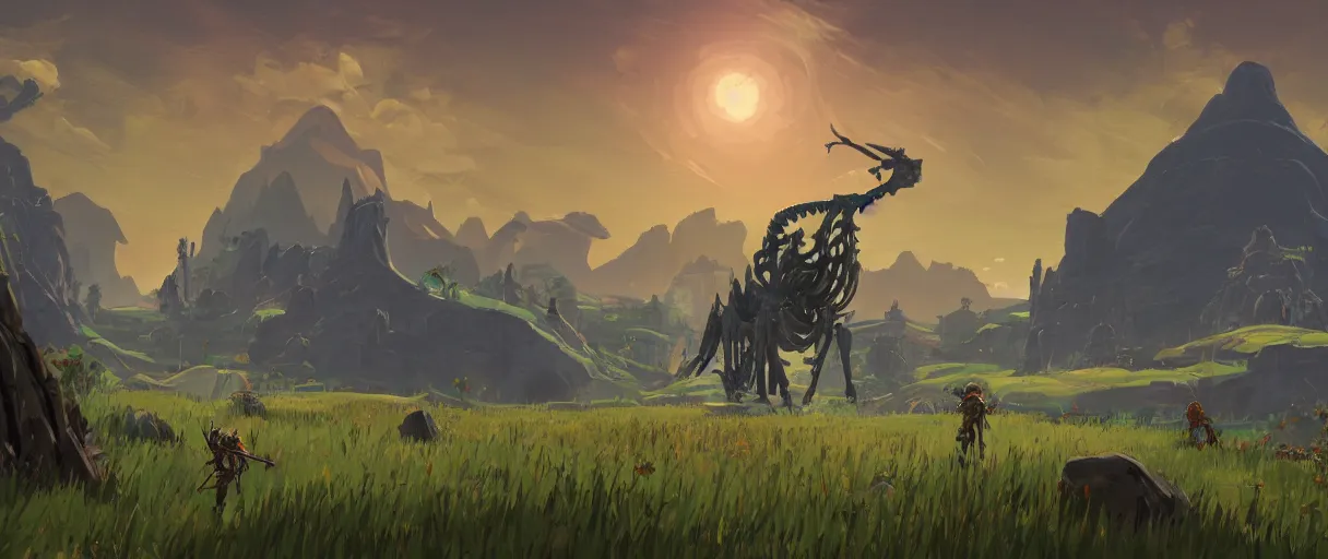 Prompt: digital painting concept art of a landscape with a huge skeleton in it, highly detailed, in the style of Zelda breath of the wild, volumetric lighting, Matte painting, trending on artstation, day time, godrays