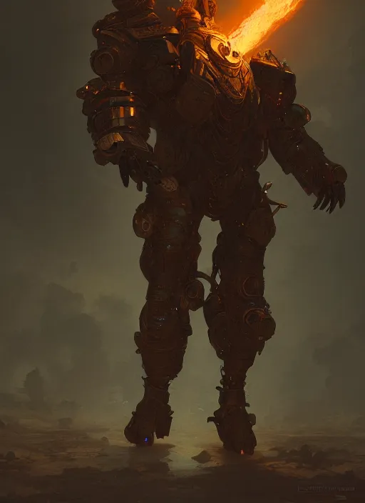 Image similar to a photorealistic dramatic hyperrealistic render of an armored fire golem by wlop, greg rutkowski, alphonse mucha, beautiful dynamic dramatic dark moody lighting, shadows, cinematic atmosphere, artstation, concept design art, octane render, 8 k