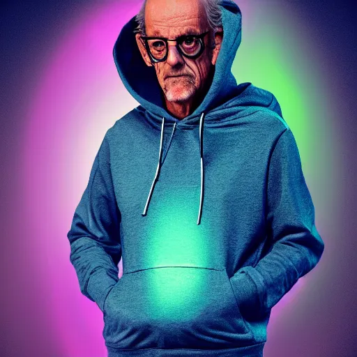 Image similar to vector christopher lloyd in hoodie, portrait, vaporwave, synthwave, neon, vector graphics, cinematic, volumetric lighting, f 8 aperture, cinematic eastman 5 3 8 4 film