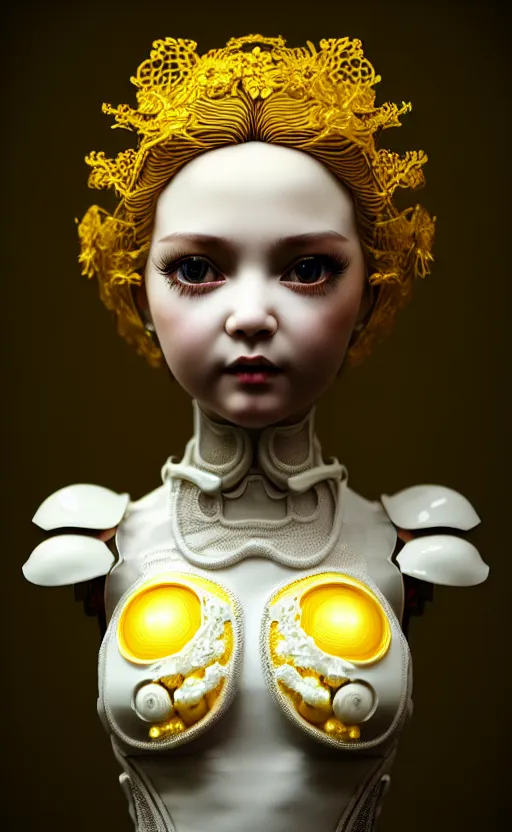 Prompt: intricate hyper detailed ultra sharp 3 d render of a beautiful porcelain doll portrait, medium shot portrait, bright light, alexandre ferra white mecha, cyberpunk mechanical haute couture flagella and fungi, magnolia goliath head ornaments, big embroidered leaves filigree sinuous roots, octane render, volumetric cinematic lighting, yellow, 8 k, vray tracing