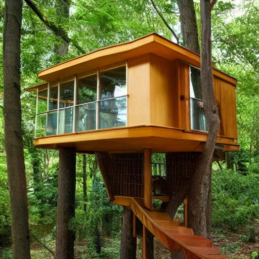 Prompt: a mid-century modern tree house