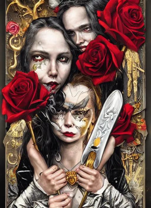 Image similar to tarot card :: horror :: hearts and roses :: gold and silver :: guns and swords :: Sandra Chevrier and bastien lecouffe deharme