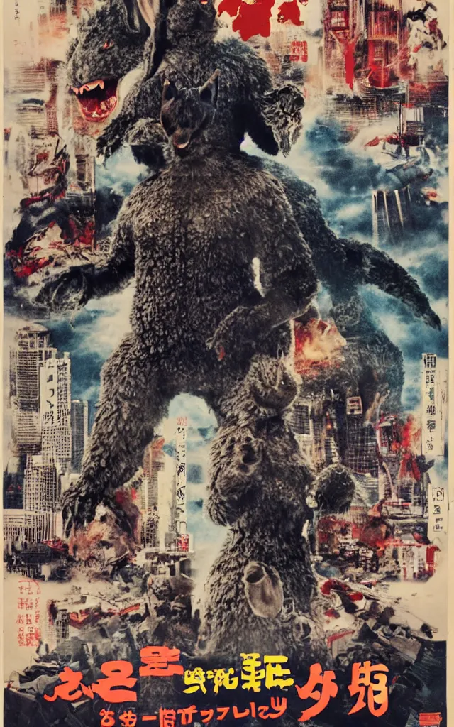 Prompt: Rabbit Kaiju destroying buildings japanese movie poster