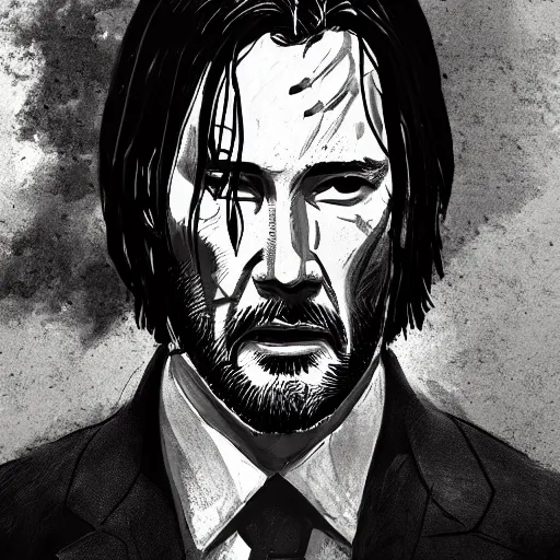 Prompt: highly detailed full body portrait of suffering john wick kneeling on a beach looking with horror into the dark abys, concept art by jama jurabaev cel shaded cinematic ultra wide shot trending on artstation high quality brush stroke hyperspace vibrant