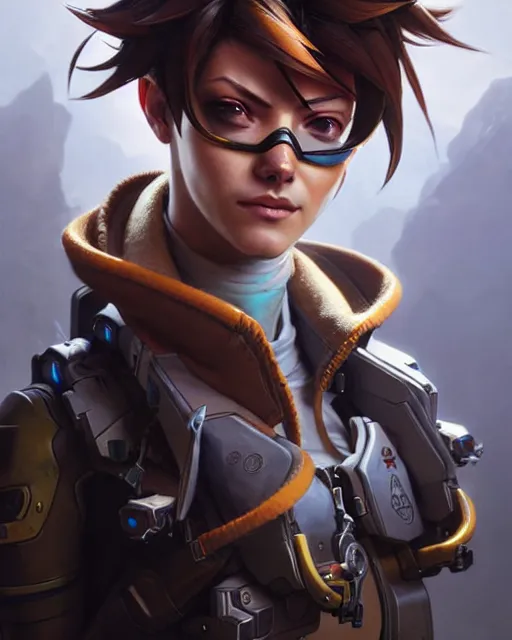 Image similar to tracer from overwatch, character portrait, concept art, intricate details, highly detailed by greg rutkowski, michael whelan and gustave dore