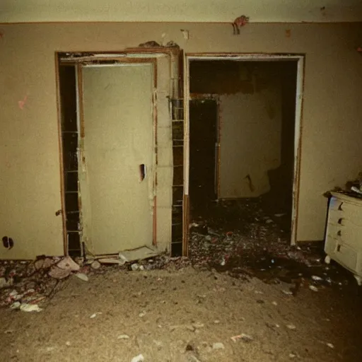 Prompt: Photograph of an abandoned 1940s bedroom in Silent Hill, creepy monster from Ringu, dark, no lights, moist, taken using a film camera with 35mm expired film, bright camera flash enabled, award winning photograph, creepy, liminal space