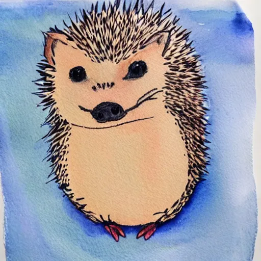 Prompt: a hedgehog in a cozy blanket on a rainy day, watercolor and ink by Miruna Matthams