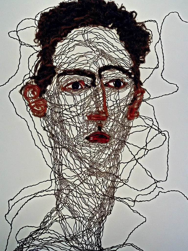 Prompt: wire art portrait inspired by egon schiele