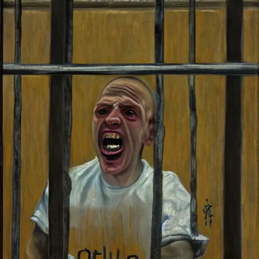 Image similar to a screaming prisoner holding prison bars, realism old painting, oil painting