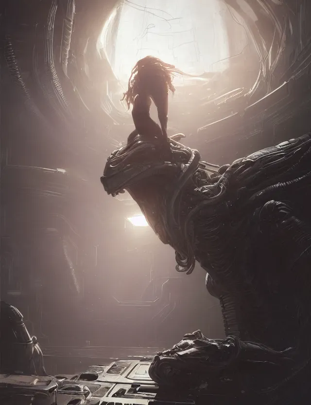 Image similar to a young woman studying from alien isolation concept art, art by ryo shiotani and greg rutkowski, intricate, beautiful, cute, cinematic lighting, vintage art by serge ivanoff, high resolution, very detailed