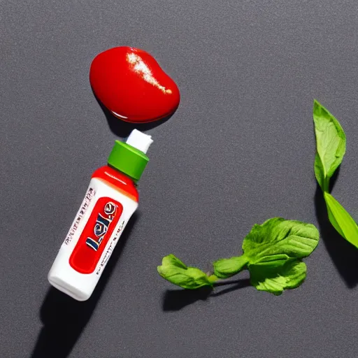 Image similar to advertisement for ketchup eye drops, product photography