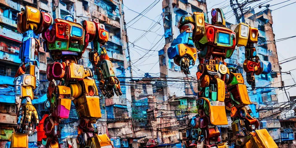 Image similar to colourful - damaged - giant mecha ROBOT of neon lit AJEGUNLE SLUM in Lagos, markings on robot, Golden Hour,