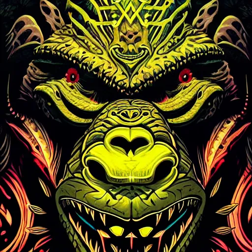 Image similar to barong family member, wiwek, mara demon, one single tribe member, jungle, one single mask, dark, ancient warrior, gorilla, lizard, tribal, inner glow, art by dan mumford and justin gerard