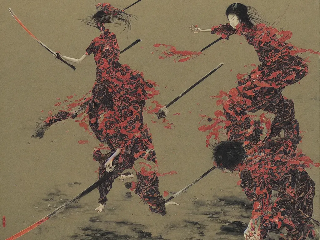 Image similar to Japanese schoolgirl runs away from Samurai with a katana on the subway, high detailed Beksinski painting, part by Adrian Ghenie and Gerhard Richter. art by Takato Yamamoto. masterpiece