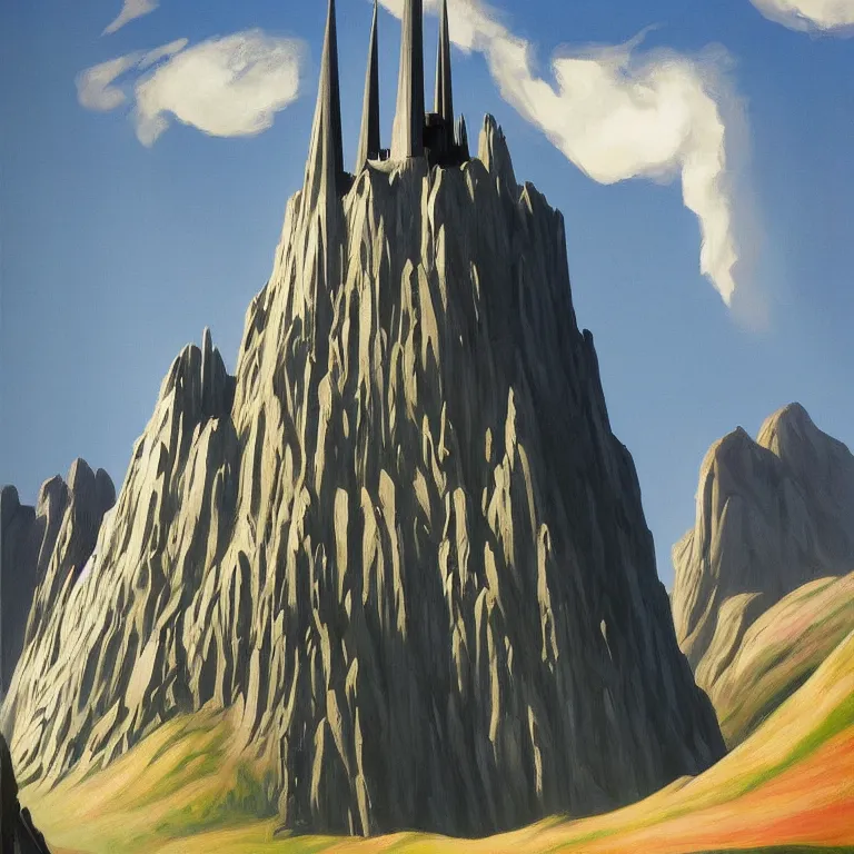 Prompt: tower of Sauron, Middle Earth, Lord of the Rings, designed by Apple, painted by Edward Hopper, painted by James Gilleard, airbrush