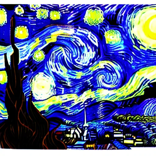 Image similar to Starry night vii poster but the black is white and the dark blue is light, deep detailed