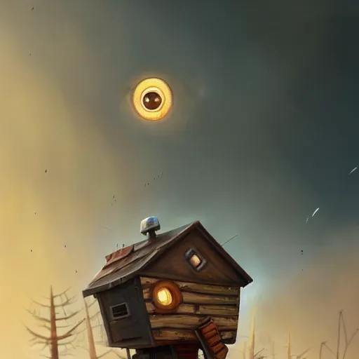 Prompt: a walking wood and metal house with two legs and one big eye, smoky chimney, rust, hyperrealistic, highly detailed, cinematic, single ray of sun, morning, pareidolia, gravity falls style, disney, beautiful, cgssociety, artstation, 8 k, oil painting, digital art