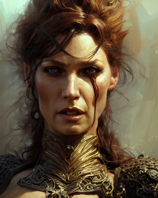 Image similar to fierce woman, fantasy character portrait, ultra realistic, concept art, intricate details, highly detailed, wide angle, by andrew robinson, gaston bussiere, craig mullins, simon bisley