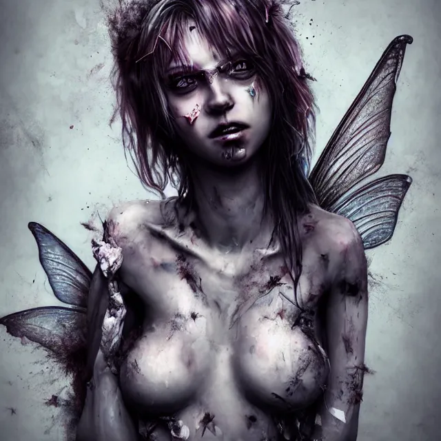 Image similar to full body pose, beautiful adult injured fairy, dirty, grungy, grunge, highly detailed, 4 k, hdr, smooth, sharp focus, high resolution, award - winning photo, artgerm, photorealistic