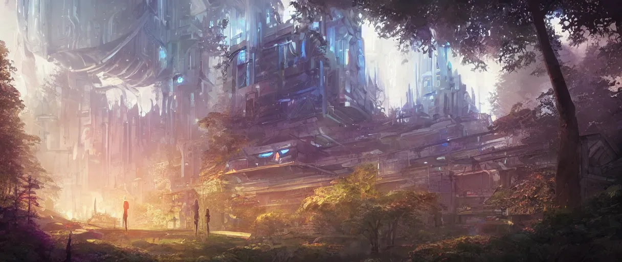 Prompt: modern academy city castle in the forest behind a garden, huge, concept art, digital painting, style of jordan grimmer, warm lighting, futuristic, volumetric lighting, view from below, vivid colours, bright, daytime, godrays, high detail