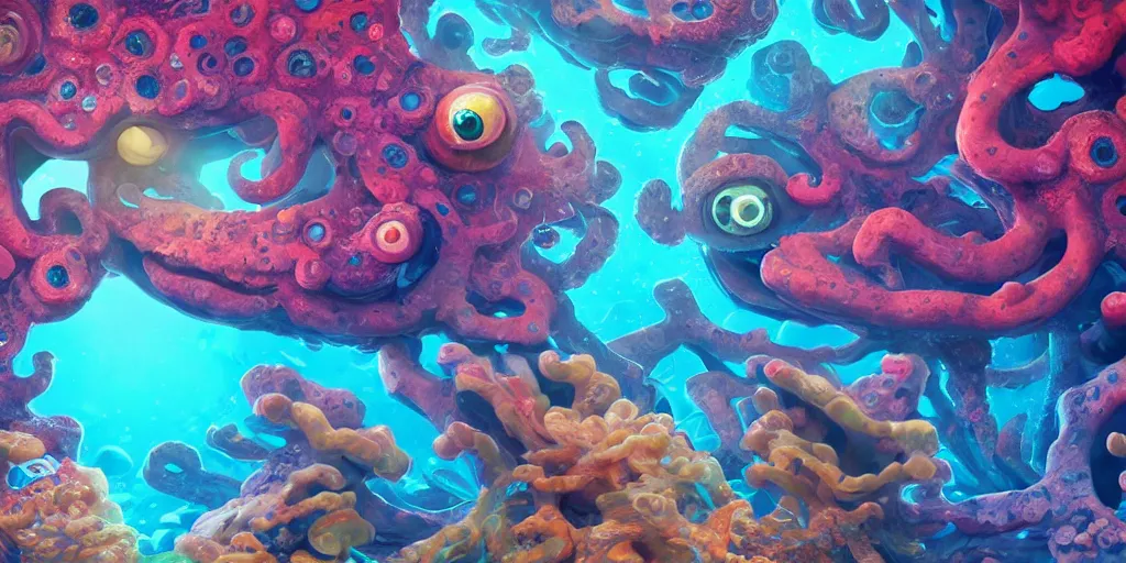 Image similar to of a colorful deep sea under water with strange cute friendly happy creatures with huge eyes, mouth, long tongue and round teeth appearing from sandy coral, in the style of gehry and gaudi, macro lens, shallow depth of field, ultra detailed, digital painting, trending artstation, concept art, illustration, cinematic lighting, photorealism, epic, octane render