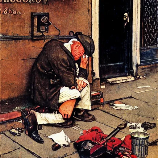 Prompt: 1 9 3 0 s hobo in a nyc alleyway giving himself an insulin shot, norman rockwell painting,