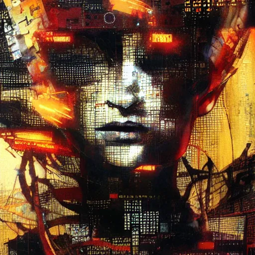 Image similar to she is burning her digital past with glitched flames made of bits, oil on canvas by dave mckean and yoji shinkawa