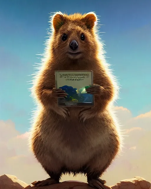 Image similar to highly detailed surreal vfx portrait of a joyful quokka, stephen bliss, unreal engine, greg rutkowski, loish, rhads, beeple, makoto shinkai and lois van baarle, ilya kuvshinov, rossdraws, tom bagshaw, alphonse mucha, global illumination, detailed and intricate environment