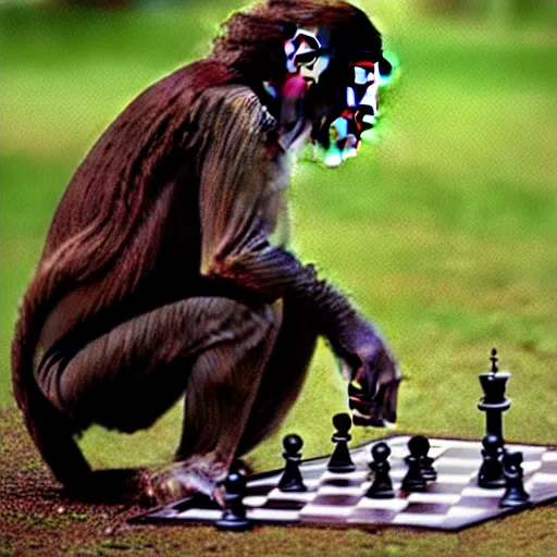 Image similar to portrait photo of a monkey playing chess in a park by annie liebovitz,