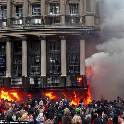 Image similar to a strong british protesters in london the weather is raining some of the protesters are burning down building