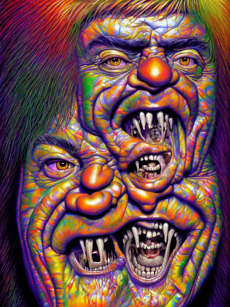 Prompt: hyper realistic painting, head of braco the gazer floating and laughing maniacally, outer glow, symmetrical by chuck close, lisa frank, simon bisley, and richard corben, very intense, depth of field, depth perception, hyperdetailed, rich deep vivid colours, sharp focus, dramatic lighting