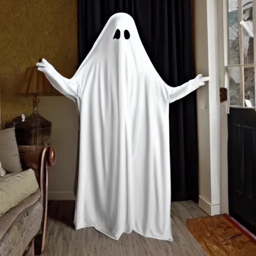 Prompt: bedsheet ghost, spooky, cheesy costume