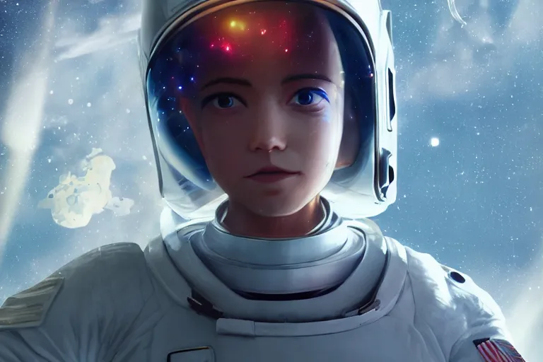 Image similar to futuristic astronaut chasing a distant spaceship Anime, portrait cute-fine-face, pretty face, realistic shaded Perfect face, wide angle, fine details, cinematic. galaxy starscape. realistic shaded lighting by Ilya Kuvshinov Giuseppe Dangelico Pino and Michael Garmash and Rob Rey greg rutkowski, octane render, IAMAG premiere, aaaa achievement collection, elegant freckles, cinematic hologram, fabulous, daily deviation, annual award winner