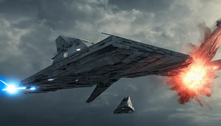 Prompt: Movie scene of Star Wars's Star Destroyers exploding in the sky, hyperdetailed, artstation, cgsociety, 8k