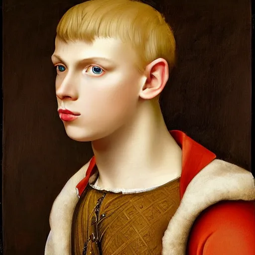 Prompt: a teenage boy with blonde hair and blue eyes, sharp jawline, done in the style of a renaissance royal portrait