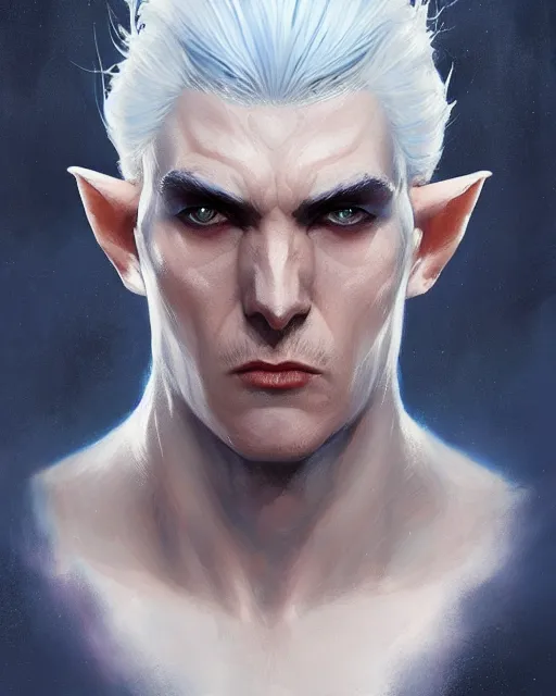 Prompt: character portrait of a slender half - elven man with white hair and intense blue eyes, by greg rutkowski, mark brookes, jim burns, tom bagshaw, trending on artstation