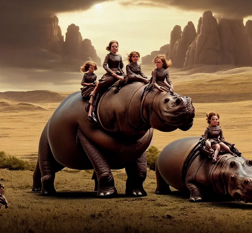 Image similar to sharp, highly detailed, film from a 2 0 1 9 sci fi 8 k movie, set in 1 8 6 0, a family riding on the back of small alien hippos, across an alien landscape, wearing 1 8 6 0 s clothes, atmospheric lighting, in focus, reflective eyes, 3 5 mm macro lens, live action, nice composition