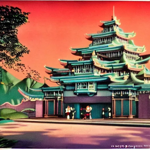 Image similar to Movie frame from the coloured Disney animated motion picture released in 1949, beautiful half built building in Taiwan forest full of