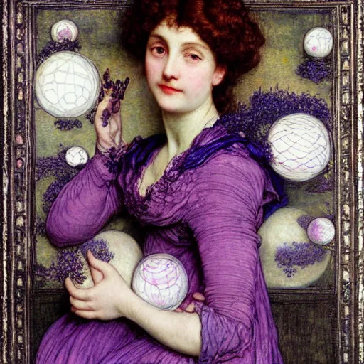 Prompt: a girl with three eyes on 5 translucent luminous spheres, full of floral and berry fillings, in an ocean of lavender color portrait painting by arthur rackham, eugene de blaas, frederic leighton